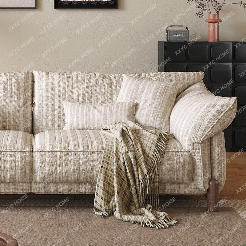 A  Cream antique art striped cotton and linen straight row dismantling and washing fabric sofa small apartment