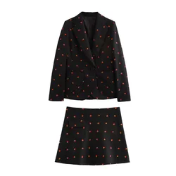 Taop&Za Autumn New Women's Fashion Casual Commuter Strawberry Embroidered Suit Coat Strawberry Pattern Skirt Set