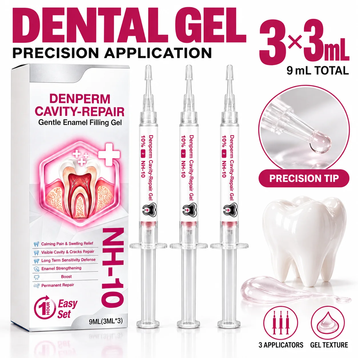 3/2box Denperm Cavity Repair Gel 9ml 3ml x3 Enamel Filling NH-10 Sensitivity Relief Tooth Care Oral Gel Syringe for Adults Daily