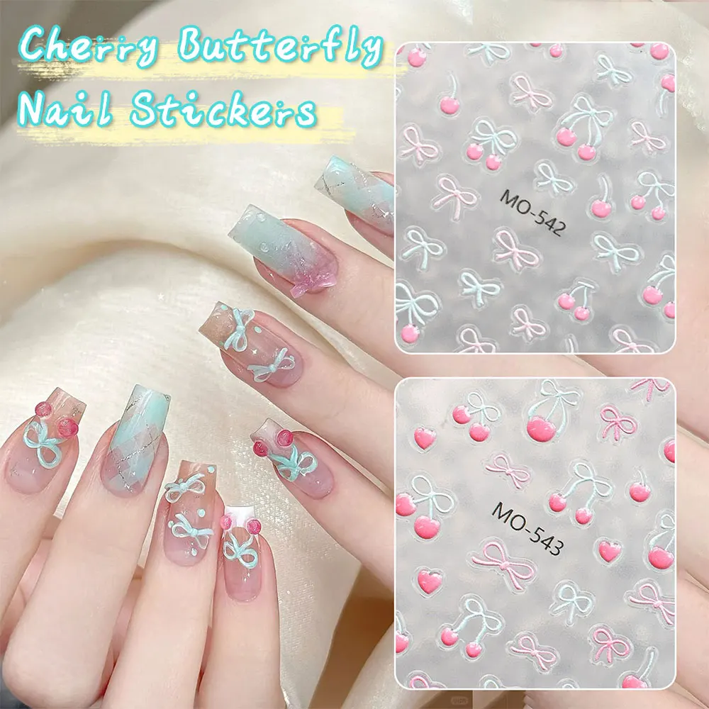 1 szt. Naklejki na paznokcie 5D z kokardką wiśniową, różowo-białe, samoprzylepne naklejki do zdobienia paznokci, wysokiej jakości naklejki do manicure