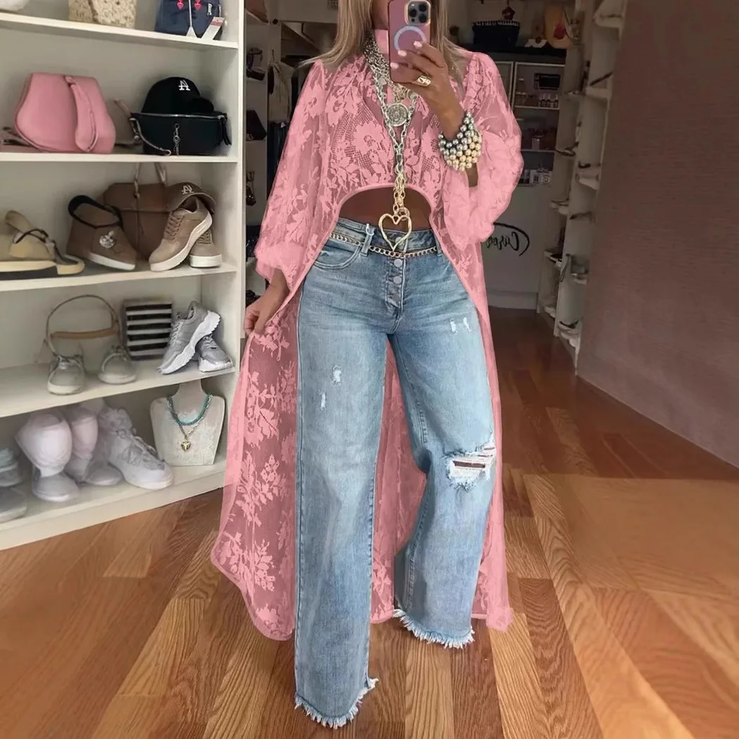 Spring Summer Fashion Solid Color Lace Shirt Women's Sexy Perspective Turtleneck Irregular Holiday Top Elegant Dress Women's Y2k