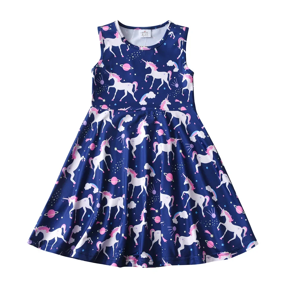 VIKITA Girls Navy Blue Unicorn Galaxy Pattern Print Sleeveless Summer Dress Kids Beach Vacation Casual Polyester Dresses