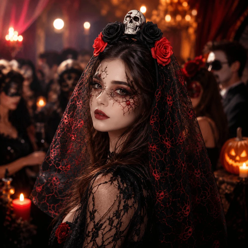 Gothic Ghost Bride Headband Simulation Rose Skull Pattern Halloween Rose Headband Lace Mesh Skull Mesh Veil Hairband
