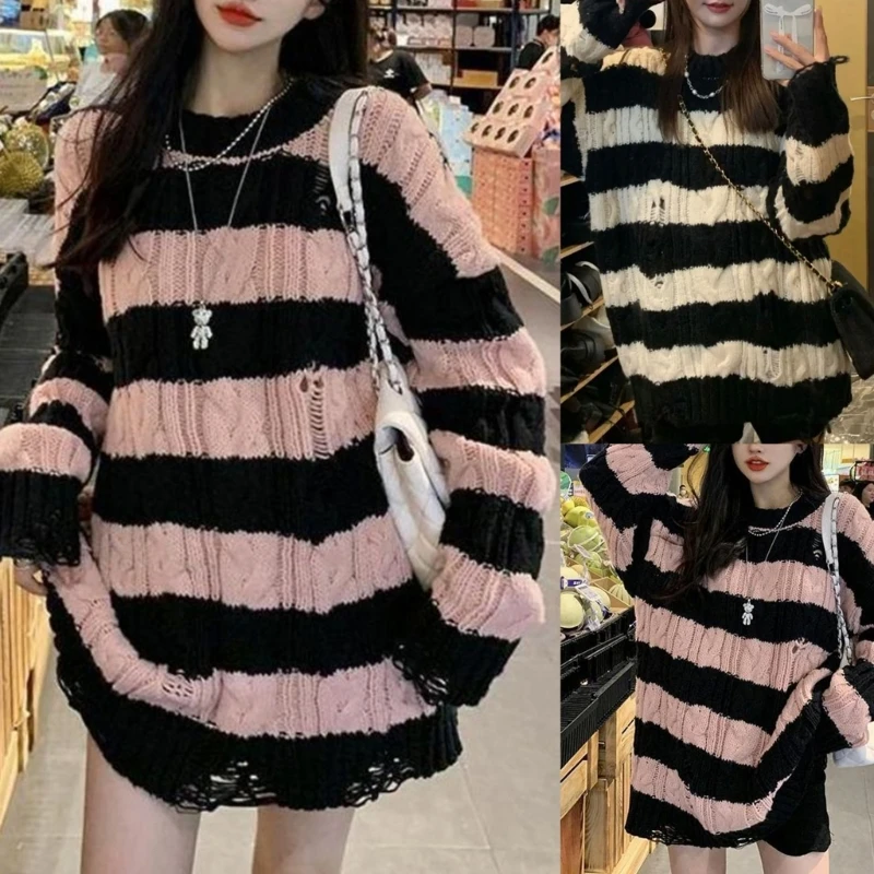 Women Chunky Cable Knitted Long Sleeve O-Neck Sweater Dress Gothic Punk Striped Ripped Hole Loose Pullover Jumper Top Dropship