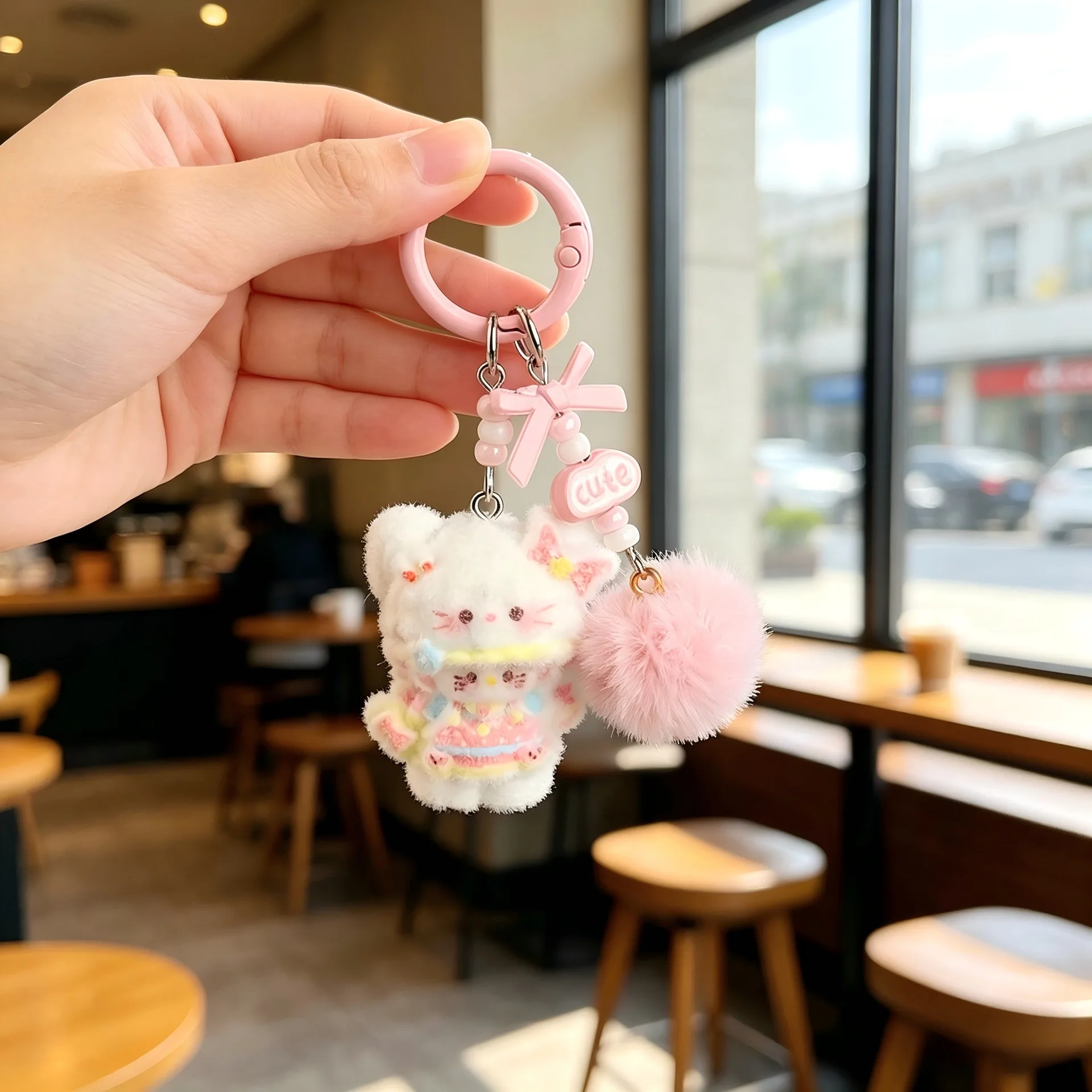 New Mini Plush Cute Flocking Cat Keychain Cartoon Pendant Dopamine Phone Accessories DIY Bag Charm Keychain Fashion Toy Pendant