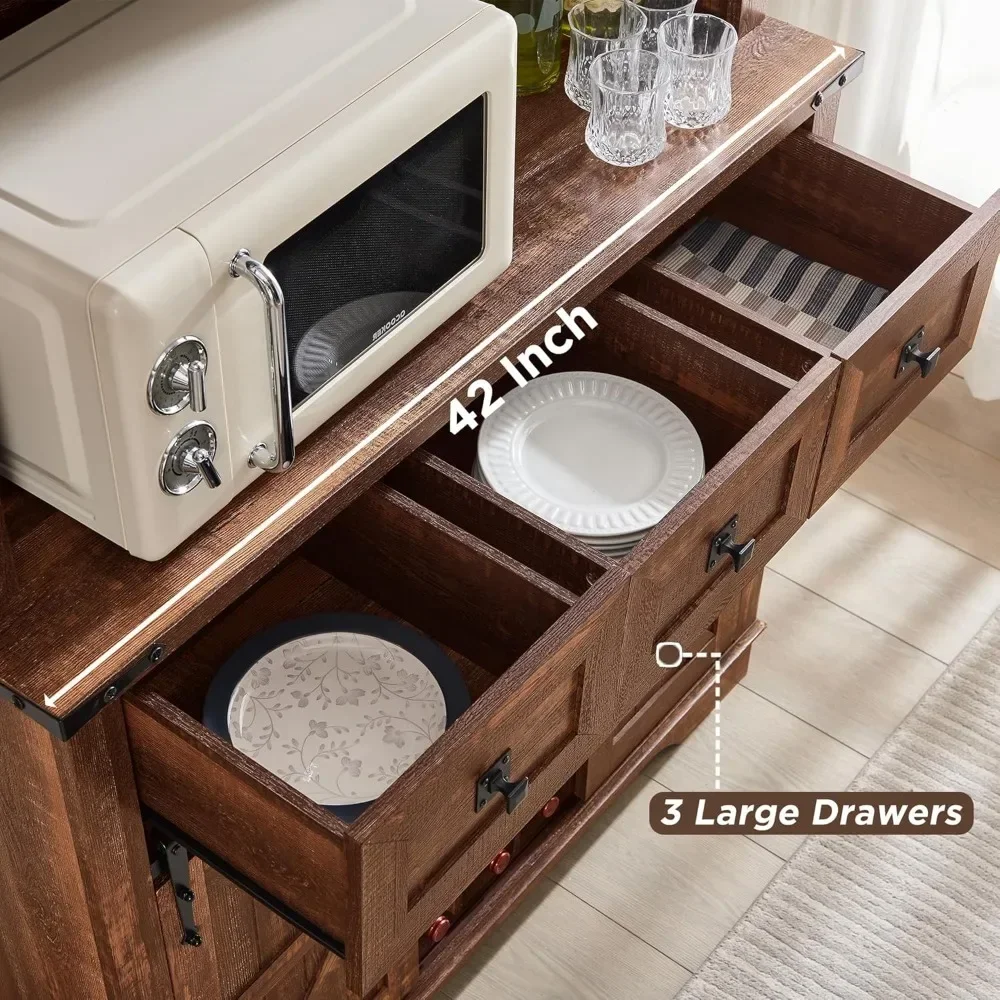 Large Kitchen Buffet with Hutch w/Wine & Glasses Rack, 3 Drawers, 12 Storage Shelves, Rustic Coffee Bar Sideboard Table. image 6