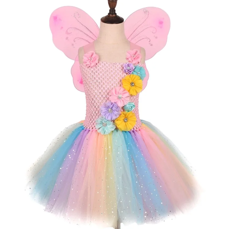 Little girls' princess-style dress decorated with colorful flowers, tulle fluffy skirt with sequins, clothes for Halloween