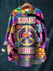 Vintage Peace And Love Floral Art Print Casual And Linen Shirt Women's Tops