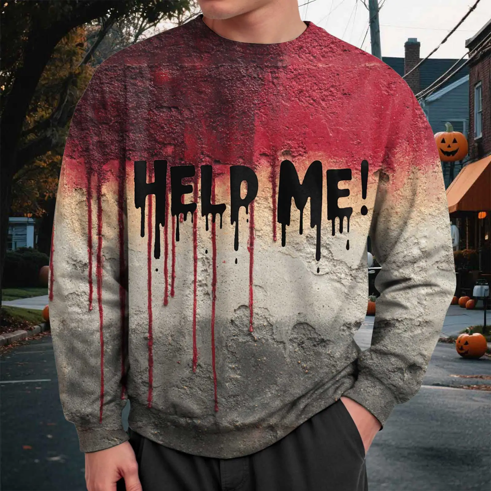 

Men'S Halloween Bloody Print I'M Fine Help Me Round Neck Sweatshirt Men Y2k Oversized Hooded Sweatshirts Pullovers