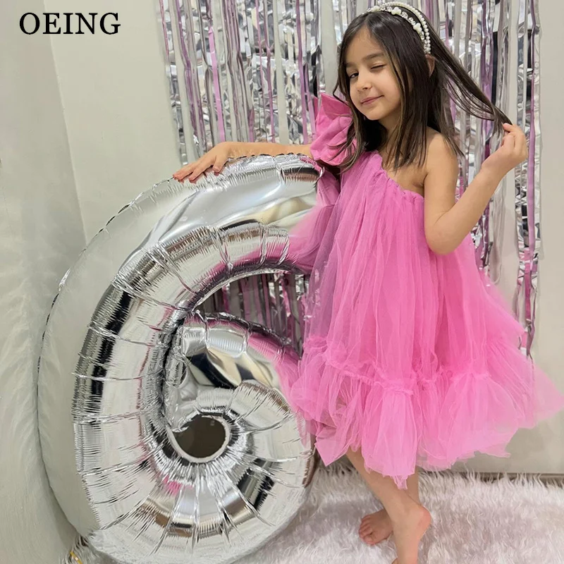 

Игривое ярко-розовое платье для девочек с цветочным узором, на одно плечо, с рюшами, из фатина, для дня рождения, миди, в стиле принцессы, на заказ