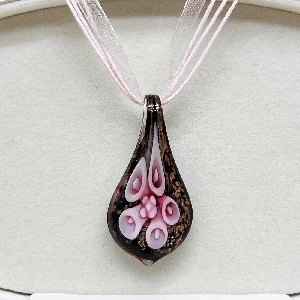 Handmade Murano Glass Pendant Necklace Women Vintage Purple Pink Flower Heart Star Teardrop Lampwork Glass Jewelry Gift for Ladi