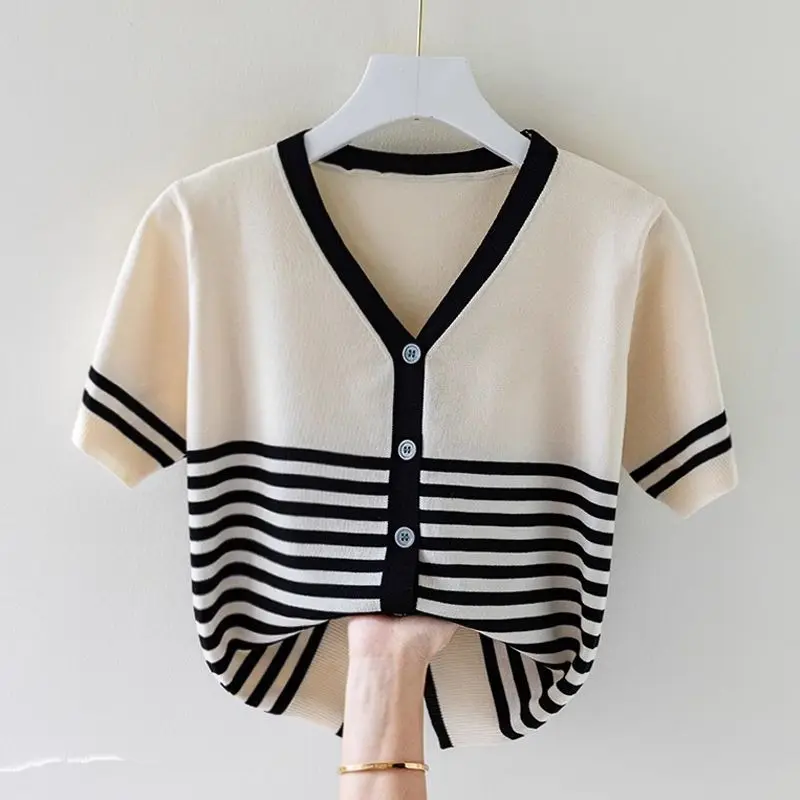 Korean New Fashion V-neck Pullover Ice Silk Printed Stripe Short Sleeved T-shirt Women Summer Panelled Patchwork Button Thin Top