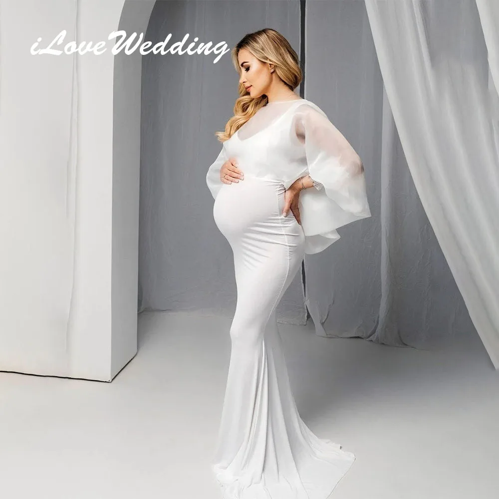 

IloveWedding White Mermaid Maternity Dresses for Photograph O-Neck Long Sleeves Prom Dress Elasticity Fabric Baby Shower Gowns