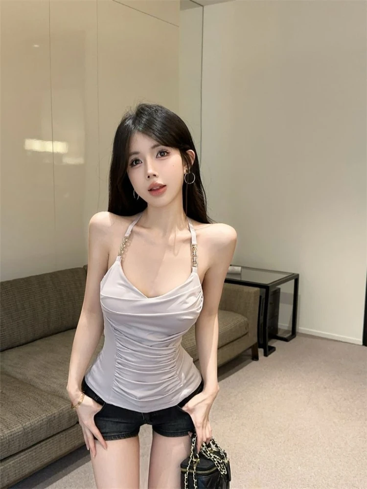 Elegant Light Mature Style Women's Halter Top Featuring V-Neck Metal Buckle and Pleated Detail Summer Fashion