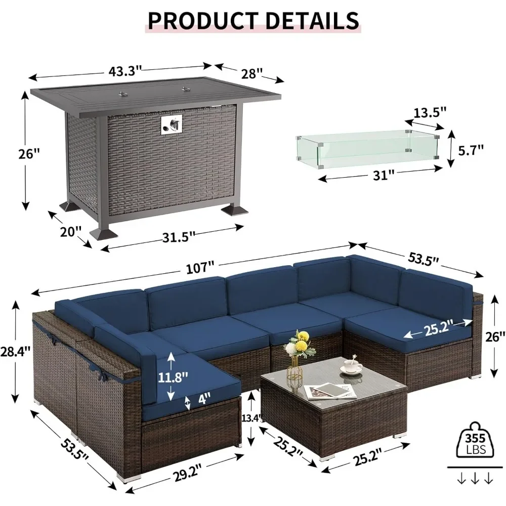 8 Piece Patio Furniture Sets with Fire Pit Table, w/Gas Fire Pit, Coffee Table, 2 Waterproof Covers,for Patio Back Deck, Balcany