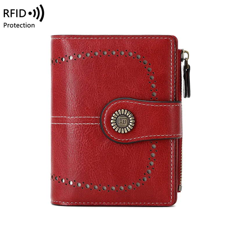 Western RFID Blocking PU Leather Multi Card Slots Women Wallet Fashion Hollow out Hasp Zipper Purse for Ladies