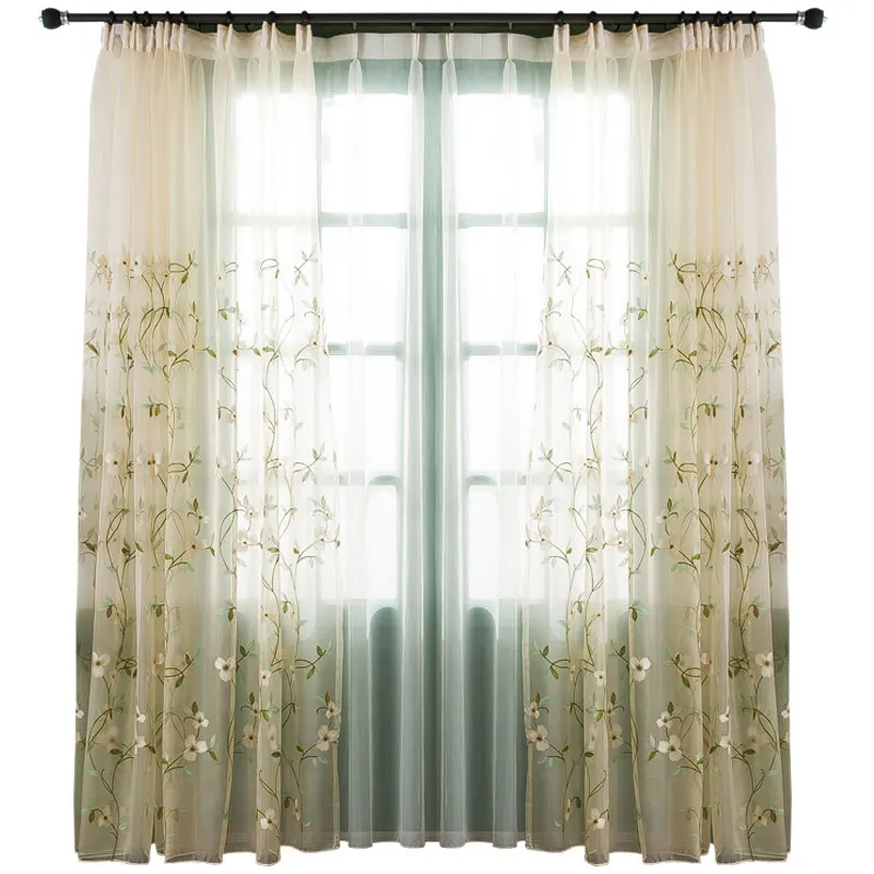 Pastoral Embroidered Tulle Window Curtains for Living Room, Floral Voile, Sheer Curtain for Bedroom, Kitchen Blinds Drapes, Cust