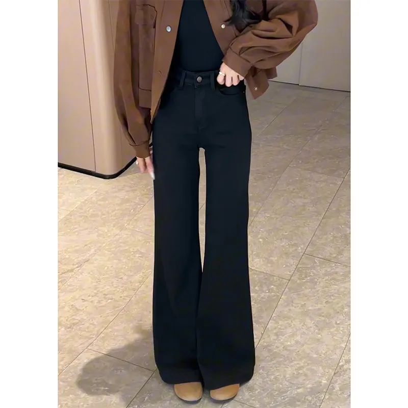 

High Waist Fleece Lined Flared Jeans Women's Spring 2026 New Style Elastic Straight Leg Bell Bottom Pants
