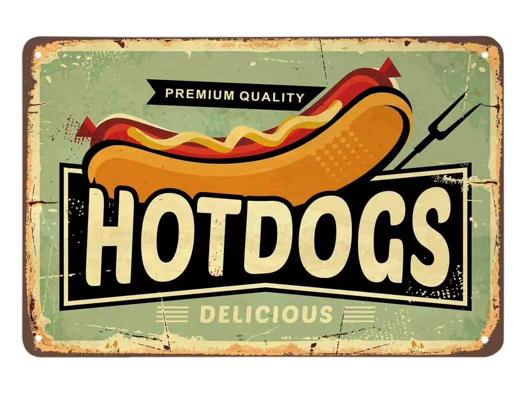 Hotdogs Tin Sign,Fast Food Delicious Restaurant Fork Bread Meat Sausage Vintage Metal Tin Signs for Cafes Bars Pubs Shop sign