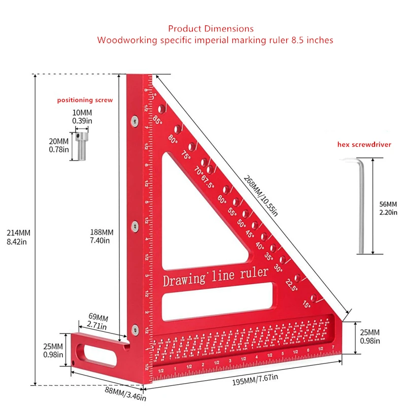 Aluminum Alloy Multi-Functional Woodworking Tool With Hidden Pin Square Marking Ruler Hole Gauge For Imperial Measurement