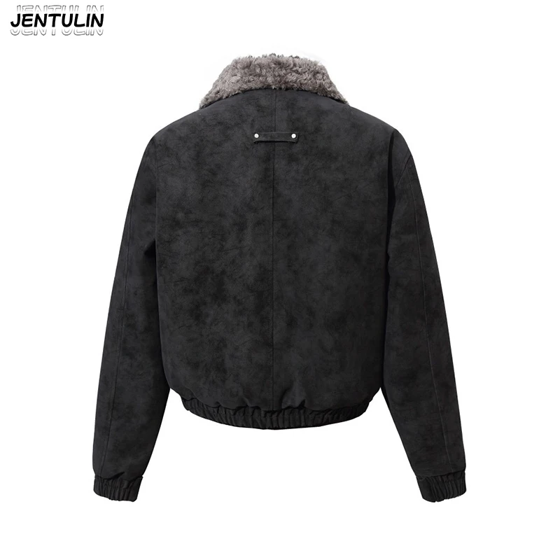 American Retro Vintage Suede Lambhair Jacket With Men Diagonal Zipper Design For Warmth Flight Jacket Suitable Both Men Women