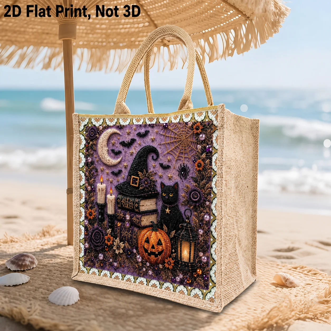 Halloween DIY Diamond Painting Jute Tote Bag Pearl Bead Witch Hat Black Cat Pumpkin Grocery Handbag Trick or Treat Candy Gift