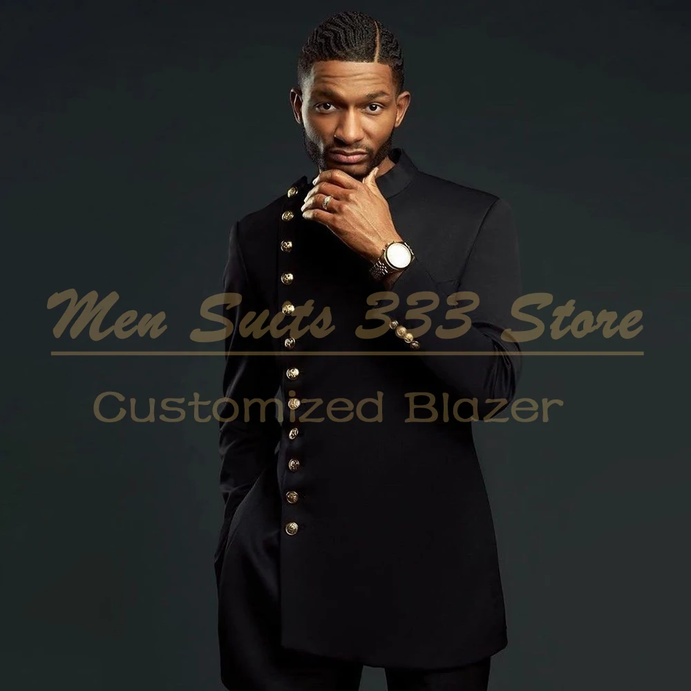 

Elegant Black Men's Suits Casual Single Breasted Stand Lapel Slim Fit 2 Piece Jacket Pants Sets Customized Male Clothing Blazer