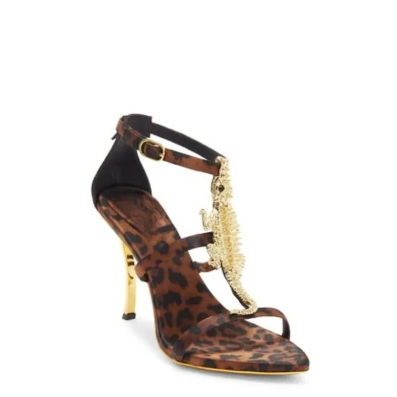 Rhinestone Crocodile Bone Round Toe Summer Women Sandals Stiletto High Heels Buckle Strap Design Large Size Fashion Lady Shoes