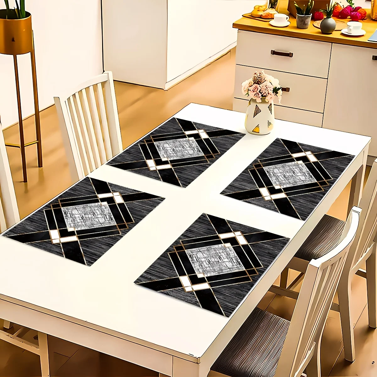 VIKAMA 4-Piece Luxury Geometric Gold-Edged Placemats Candlelight Dinner Set for Western Restaurants Modern Home Decor