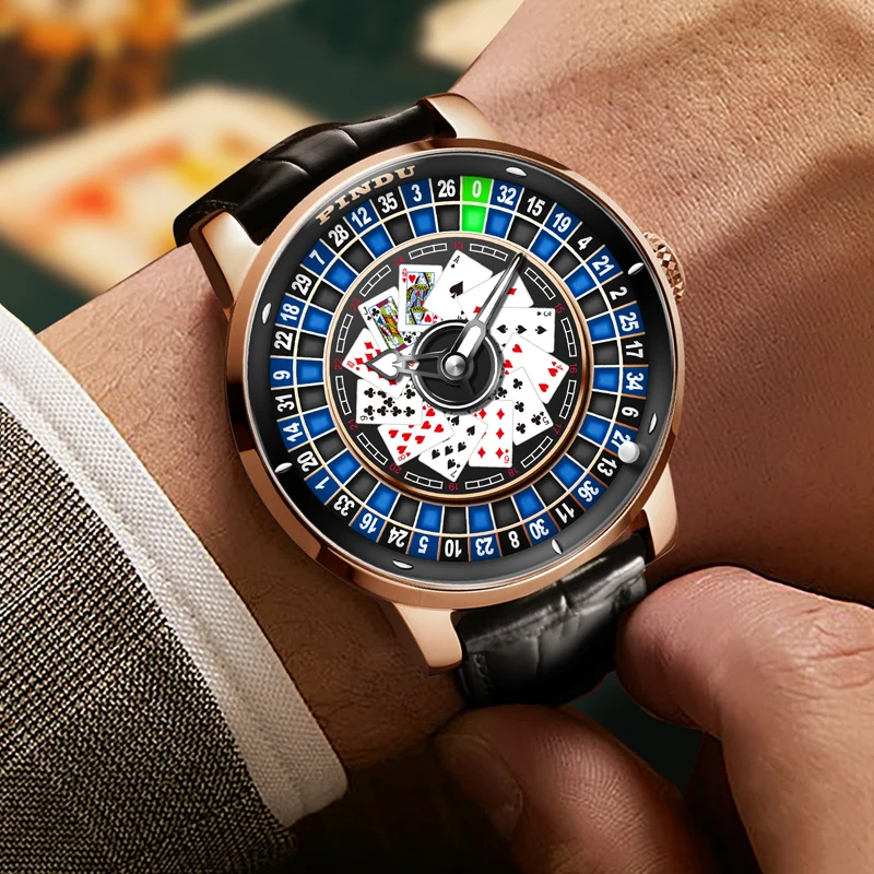 PINDU Design New NH35A Movement Mechanical Watch Men Playing Cards Rotating Dial Sapphire Glass Stainless Steel Waterproof Watch