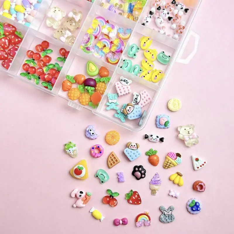 1Box Creative Big Eyes Waffle Cherry Resin Nail Charms Cartoon Cute Bear Ice Cream Cat Claw Mixed Nail Art Decorations DIY Nails