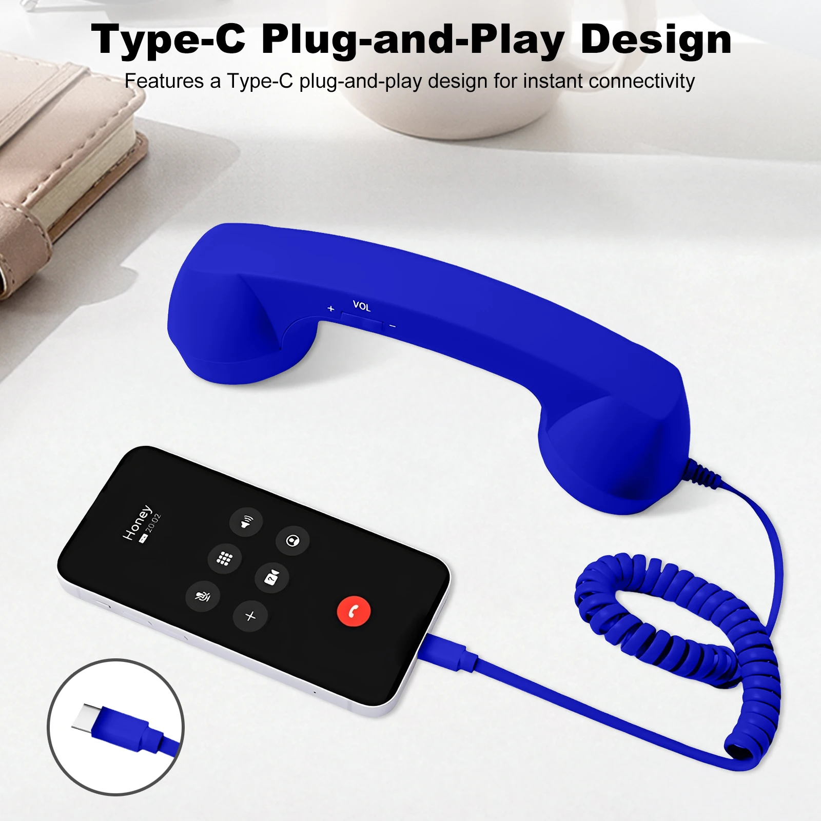 Classic Wired Phone Handset with Type-C Connector Wired Landline Handle Receiver for Cell Mobile Video Conferences Calls