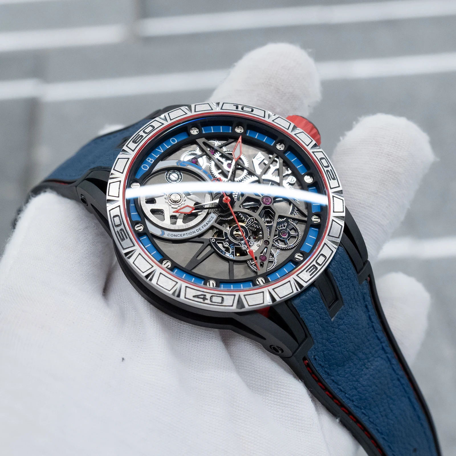 OBLVLO Men's Skeleton Dial Mechanical Automatic Watch Luminous Rubber Band Waterproof Military Style with Machinery Design LM