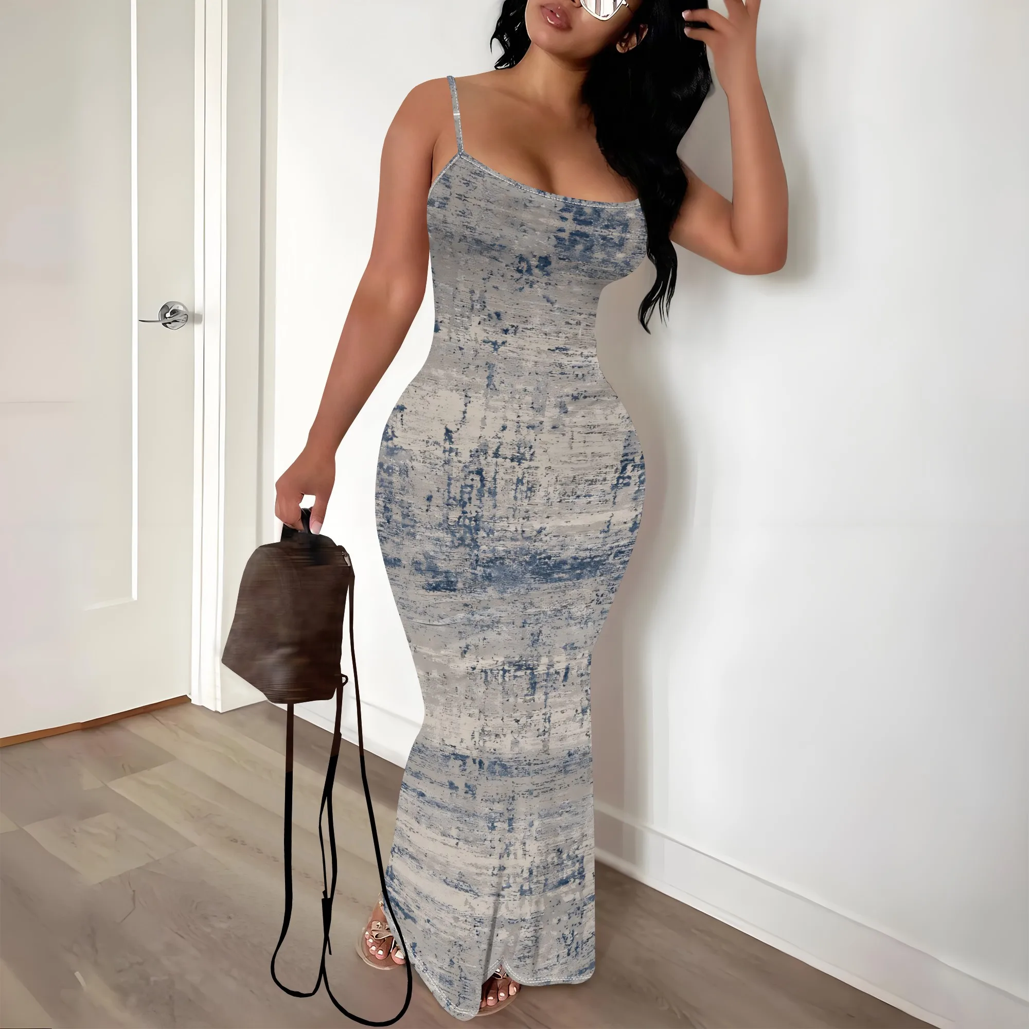 

Distressed Texture Print Maxi Dress Bodycon Spaghetti Strap Sleeveless Slim Fit Long Dress Casual Summer