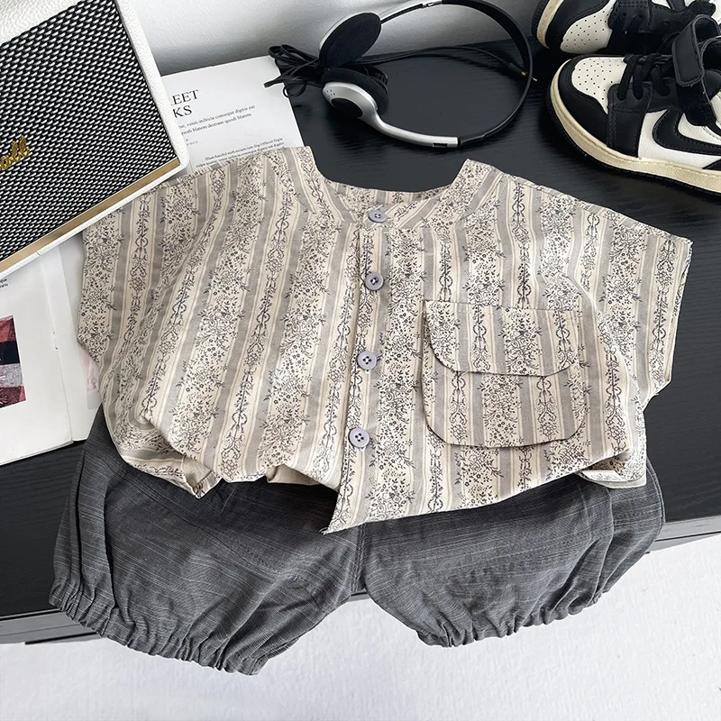 Toddler Boys Outfits 2026 Summer New Baby Boy Clothes Casual Trendy Vintage Floral Striped Shirt Elastic Waist Shorts 2PCS Set