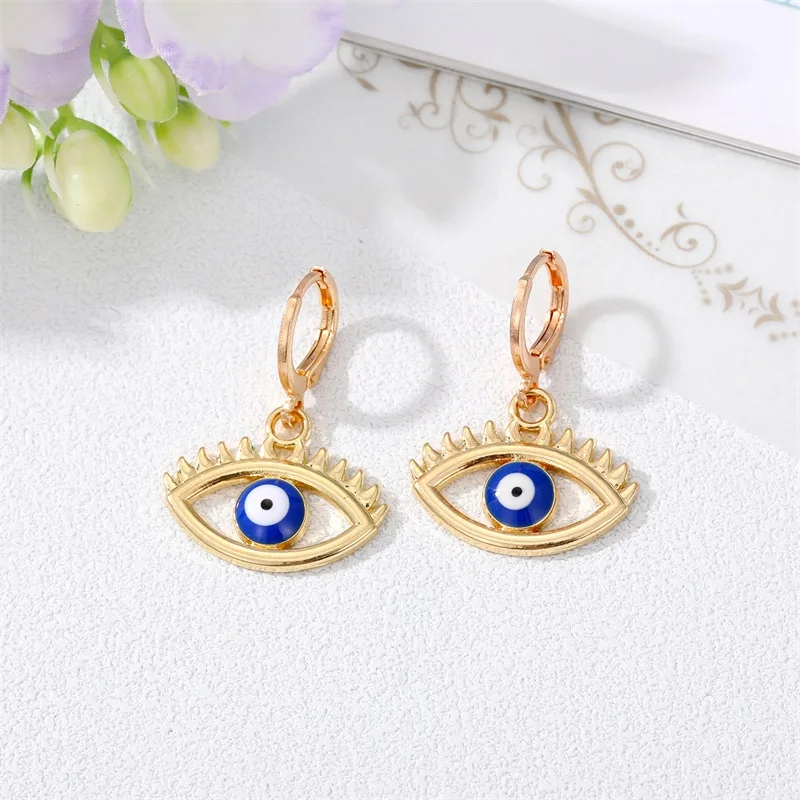 1Pair Colorful Hollow Turkish Evil Eye Hoop Earrings Bohemia Vintage   Metal Eyelashes Earrings Small Ear Stud Jewelry C642