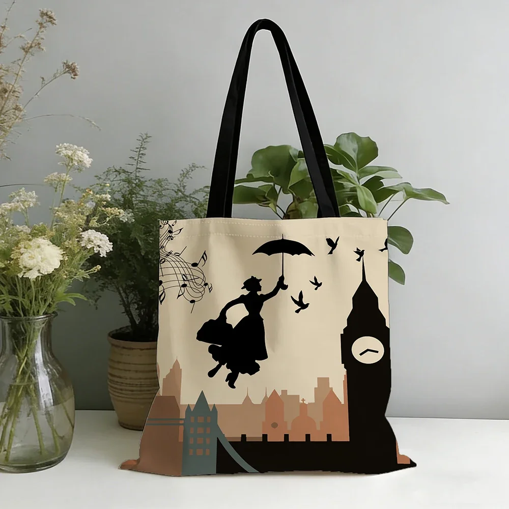 1pc Inspired By The London Skyline, This Tote Bag Features Playful Silhouettes of Musical Notes, Big Ben, and Tower Bridge.