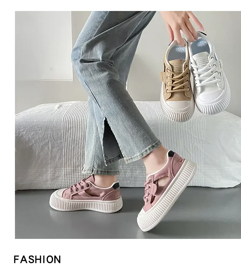 New Woman's Summer Leather Hollow Out Casual Sports Shoe Soft Sole Non Slip Breathable Casual Board Shoes Lace Up  Sandals