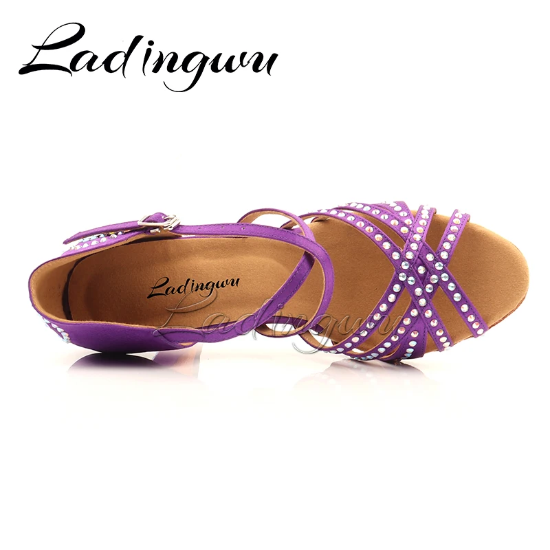 Ladingwu Dance Shoes Latin For Women Purple  Satin Salsa Dance Shoes For Girls Ballroom Dance Shoes Sports Sandals Heel Rhinesto