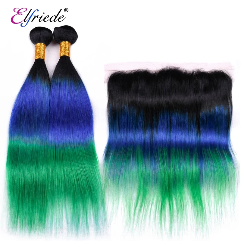 Elfriede # Fasci di capelli umani lisci 1B/blu/verde con capelli brasiliani frontali in pizzo colorati 3 pacchi con frontale in pizzo 13x4
