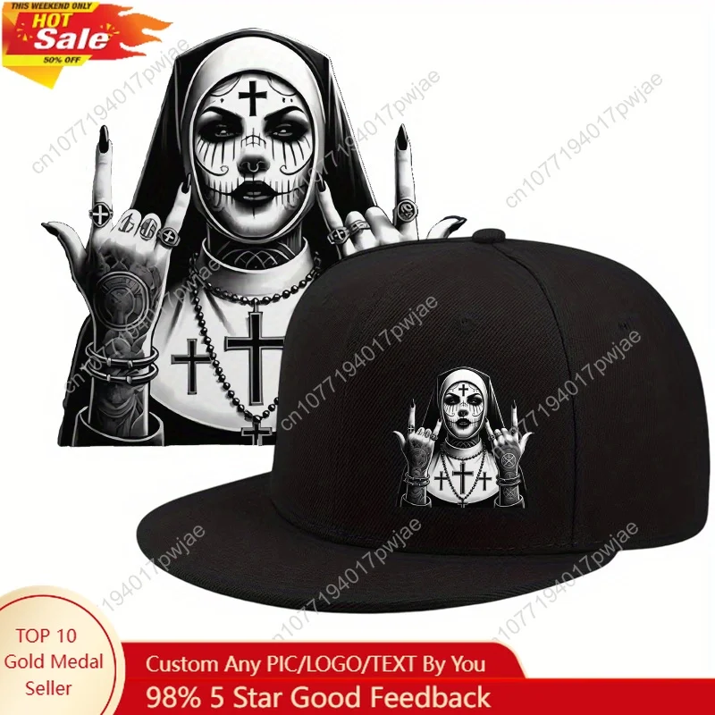 

Halloween Nun Print Baseball Cap - Adjustable Snapback, Breathable & Stylish Streetwear Hat for Men and Women, Black with White