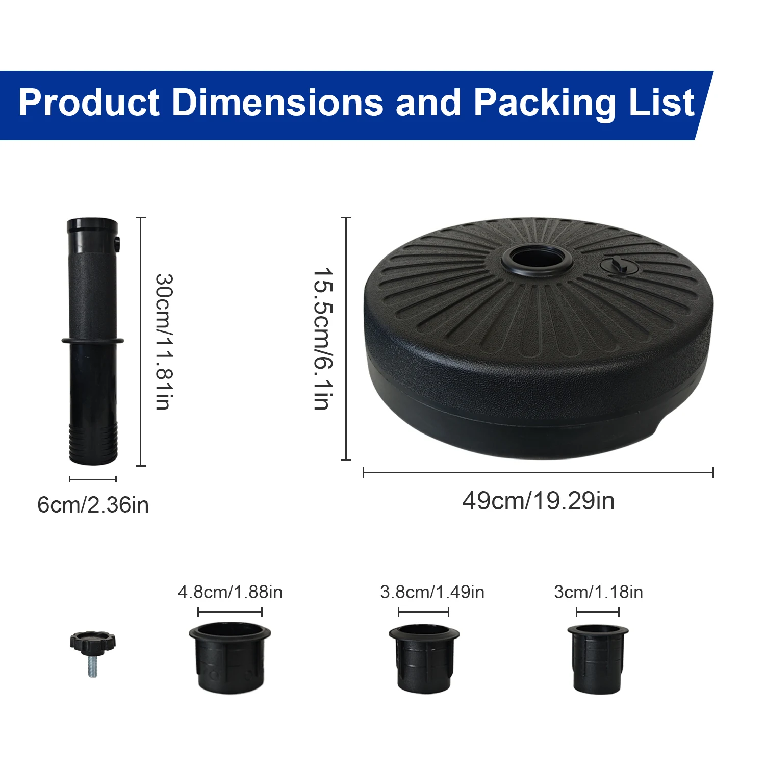 Round Fillable Water Tank – Heavy Duty Base for Umbrella, Light Stand or Sign, Sand or Water Injection, Outdoor Use