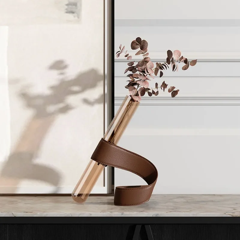 Nordic Modern Artistic Vases Simple Glass Tubular Living Room Desktop Vases Leather Bracket Handmade Luxury Personal Home Decor