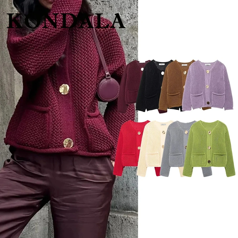 KONDALA Casual 2025 Knit Women Vintage Sweaters O-Neck Pockets Single Breasted Knitwear Streetwear Chic Elegant Mujer Cardigans
