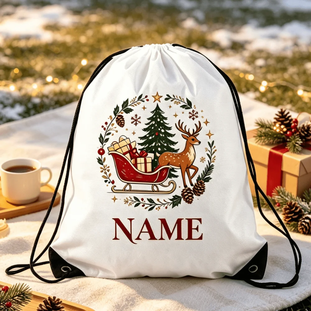 1Pc Christmas Custom Name/Text Drawstring Bag, Xmas-themed Storage Pouch, Backpack for Gift Wrapping and Party Decorations