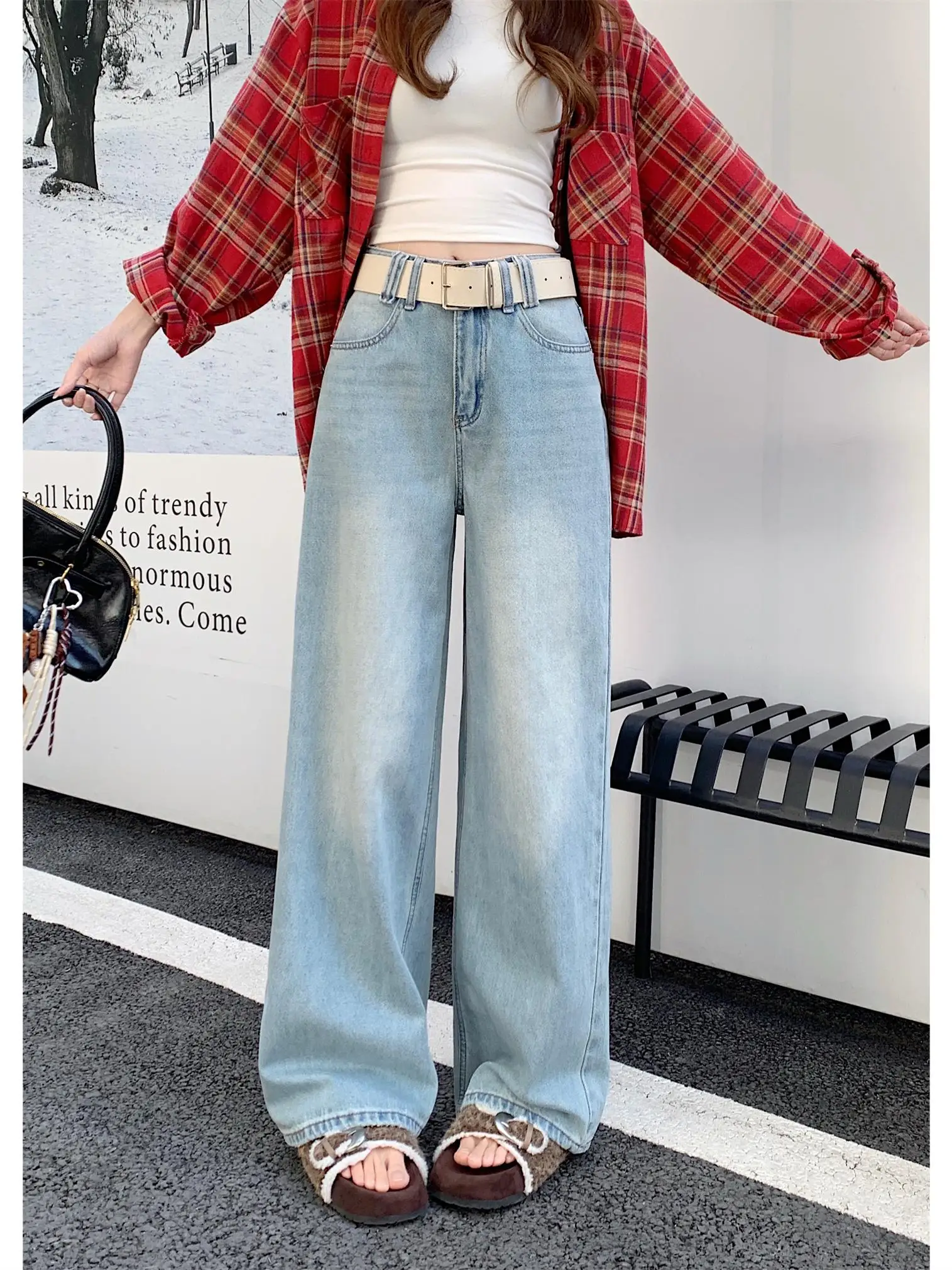 

High Waist Wide Leg Casual Loose Jeans Women's Spring New Style Vintage Washed Light Color Long Pants Floor Length