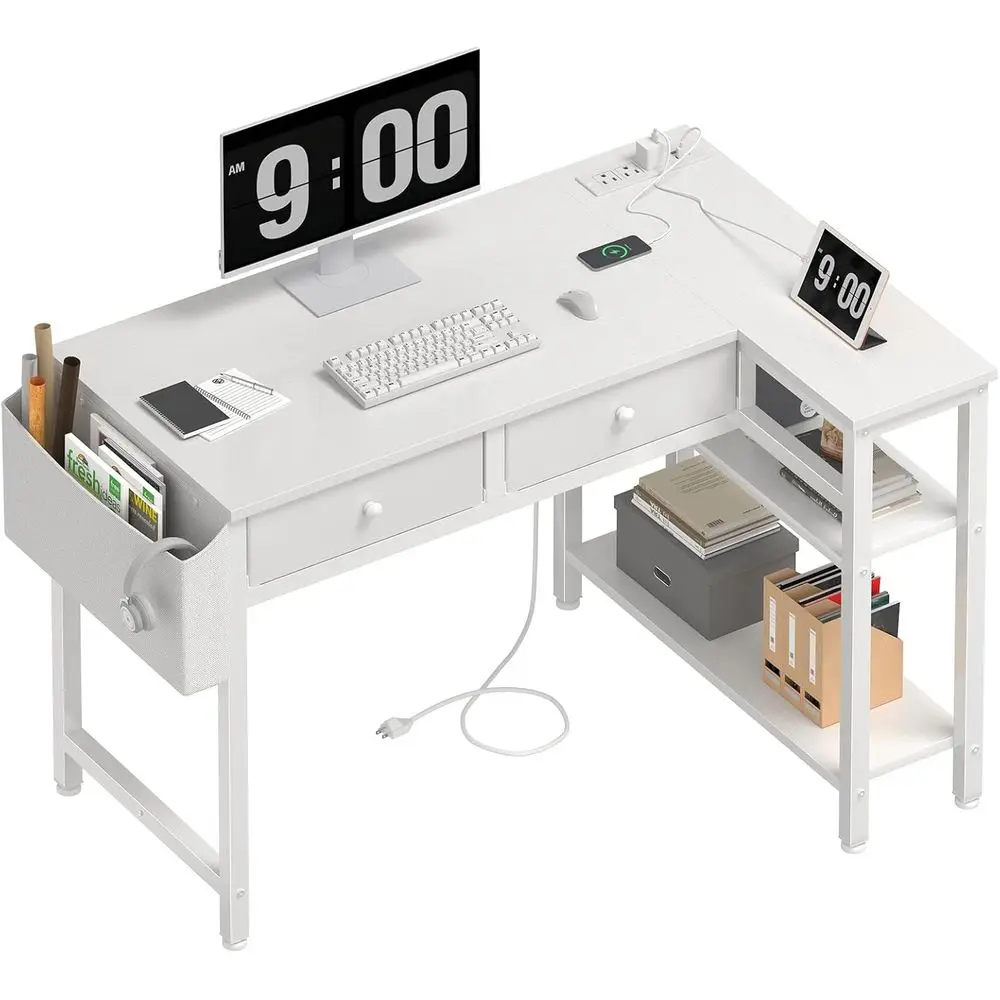 

Маленький белый L-образный стол с ящиками и полками для хранения, 40-дюймовый стол с розеткой или для небольшого домашнего офиса, для учебы, работы, ПК