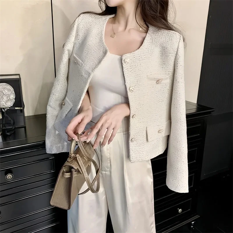 

Korean Female Long Sleeves Coarse Woolen Coat Spring Autumn Ladies Fashion Tops Jacket Women Leisure Short Round Neck Outerwear
