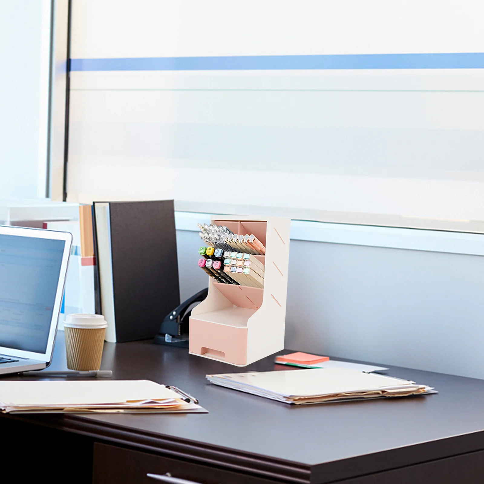 

Inclined Stationery Pen Holder Desktop Organizer Storage with Drawer Multifunctional Makeup Brush Case Pen Organizer