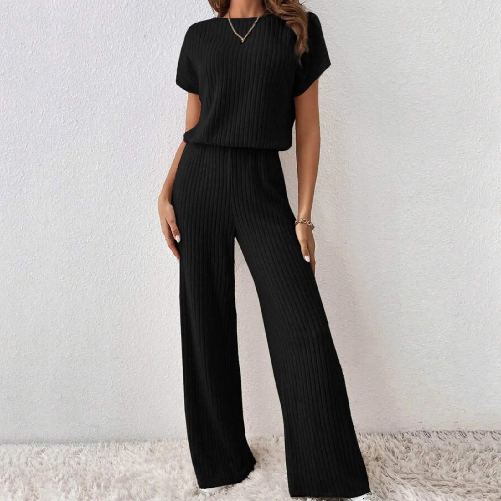 Women\'S Solid Pant Sets 2024 New Casual Fashion Short Sleeves T-Shirt Straight Loose Wide Leg Pant Pit Strips Two-Piece Set